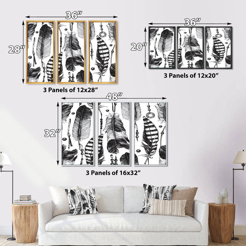 Plumes dessinées à la main - ensemble de 3 reproductions d'art encadrées sur toile, Cadre noir, H 28 po x l 36 po x P 1 po
