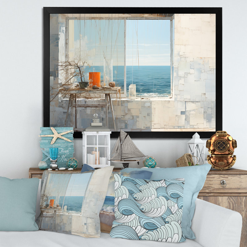 Fenêtres de plage Horizon - salon d'art mural plage et océan, Cadre simple noir, H 12 po x l 20 po x P 1 po