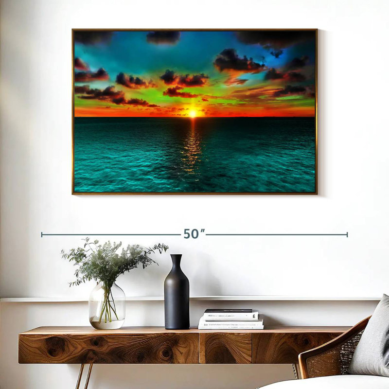 Coucher de soleil et océan, Cadre flottant doré, 40 po x 27 po