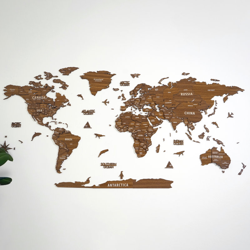 3D Wooden World Map Wall Art – Push Pin World Map Décor, Multisize Wooden Wall Map, 78.7" H x 41.1" W x 0.2" D, Light Brown