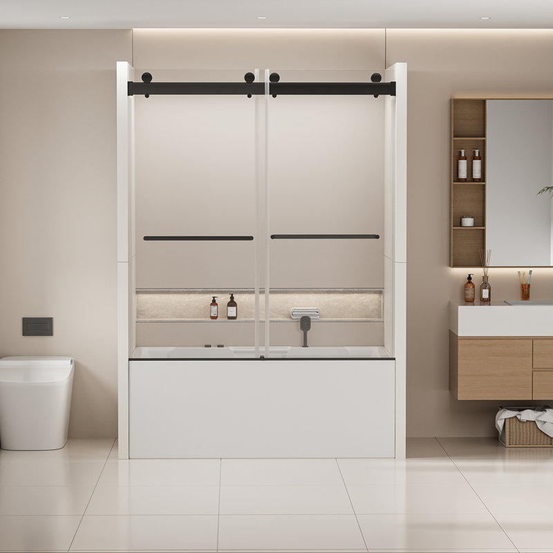 Porte de baignoire coulissante double sans cadre l 56-60 po x H 62 po, porte de douche bypass à fermeture douce, noir mat