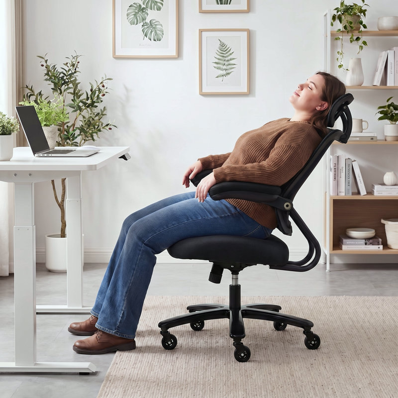 Chaise de bureau ergonomique robuste avec support lombaire et accoudoirs rabattables, Noir, Avec repose-tête