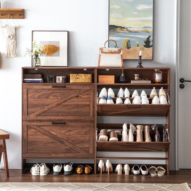 Shoe Storage Cabinet With 2 Flip Drawers,Farmhouse Narrow Shoe Organizer With Legs,Freestanding Hidden Slim Shoe Rack Cabinet With Open Storage For Entryway,Hallway, Foyer