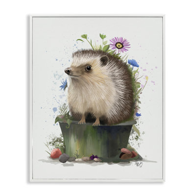 Hedgehog in Gardening Pot Framed Giclee Art by Fab Funky