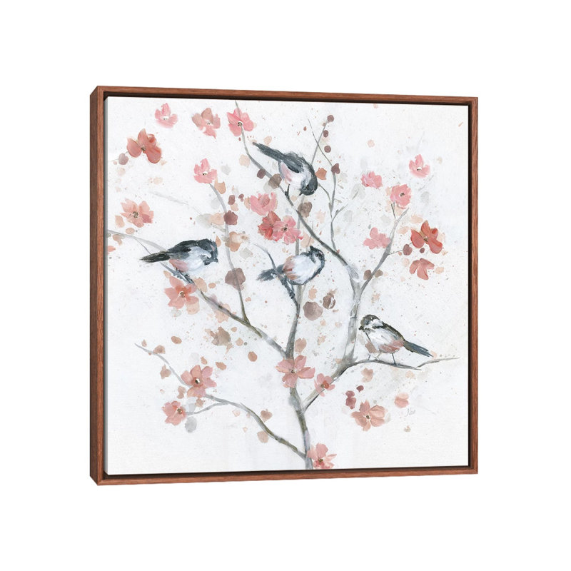 Chickadees In Spring II par Nan - reproduction, H 18 po x l 18 po x 1,5 po, Cadre brun classique, Pas de tapis