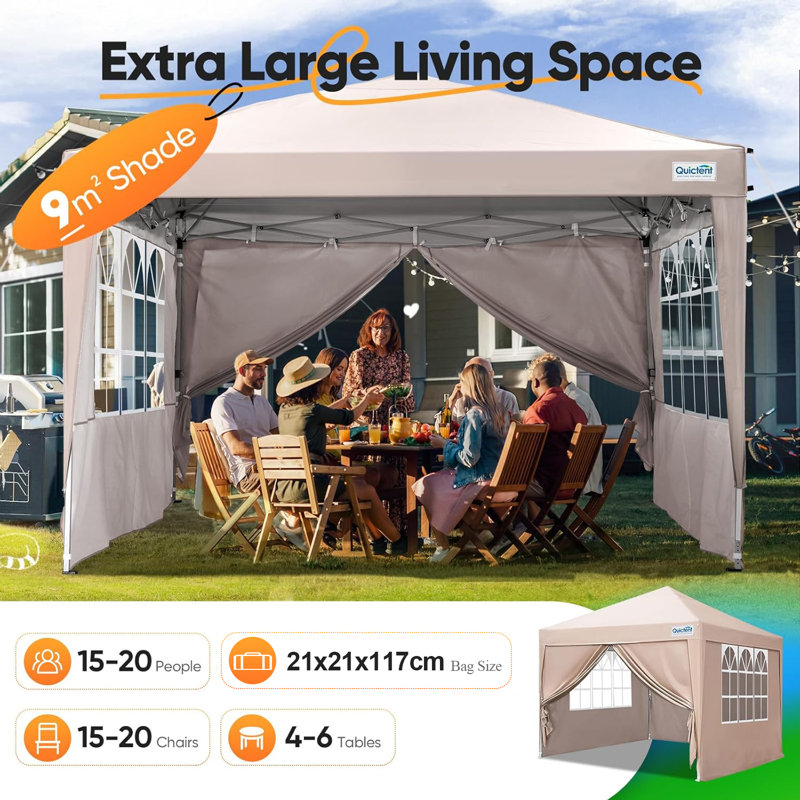 3x3m (10x10ft) Pop Up Canopy Gazebo with Removable Sidewalls, Adjustable Height Event Shelter, Beige