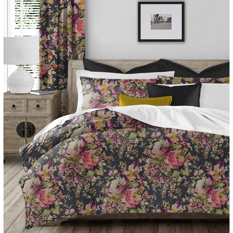 Jacqueline Coverlet Set, Queen Coverlet + 2 Shams, Black/Pink/Green Floral