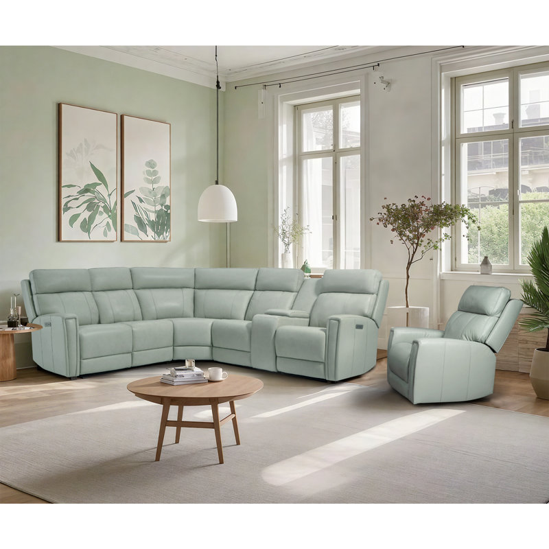 Un canapé modulaire inclinable électrique et un fauteuil inclinable, Cuir véritable vert, Alimentation