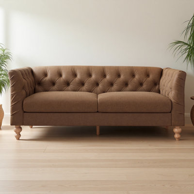 73.5'' Chesterfield Sofa PU Upholstered Couch with Flared Arms, Tufted Back  Rubberwood Legs Multi Cushion Seat Sofa for Living Room and Home Lounge
