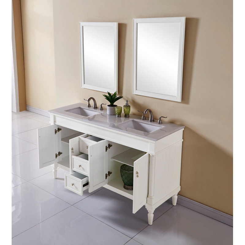 Ensemble de meuble-lavabo double 60 po Lexington, Blanc antique, Veines blanches / brunes