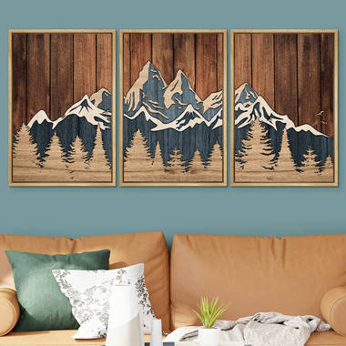 Western Wood Effect Landscape Mountain Forest Nature - 3 Piece Set Floater Frame Print On Canvas Wall Art IDEA4WALL Format: Natural Floater Framed, Si
