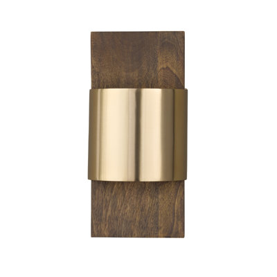 6.25" W x 13" H Integrated LED Wall Washer Sconce with Curved Backplate in Nordic Stained Mango Wood and Matte Brass Cuff