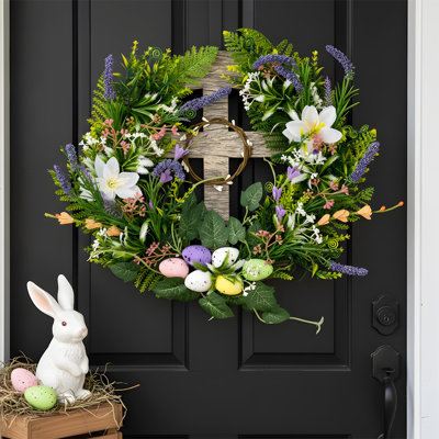 Couronne de porte de Pâques, décoration de couronne de Pâques de 14,5 pouces, couronne de printemps artificielle avec œufs colorés, décoration murale, fenêtre et décoration extérieure