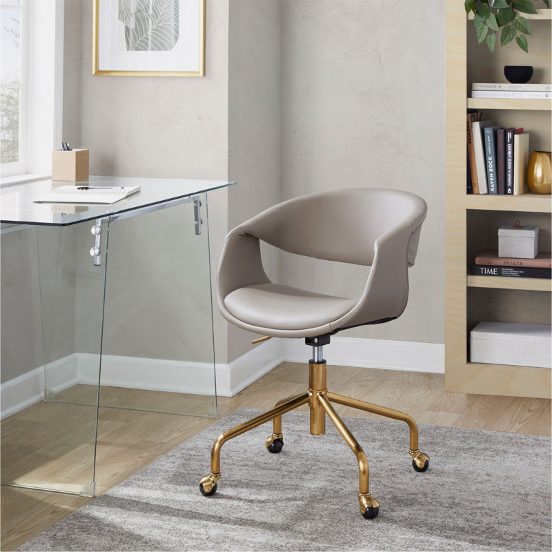 Chaise de travail en métal doré et similicuir, Gris clair
