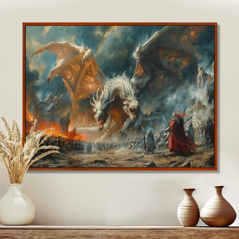 Décoration murale épique entre dragons et militaires II - Dragons, Toile avec cadre flottant brun, H 12 po x l 20 po x P 1 po