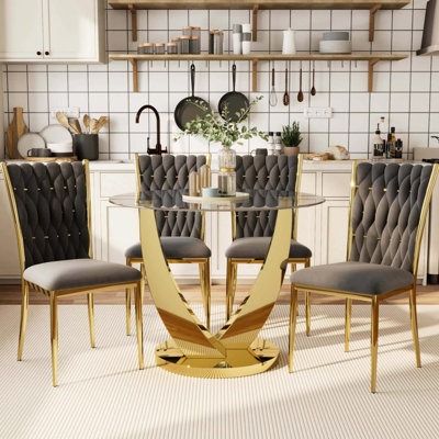 38.9" Round Glass Dining Table Set For 4 People, Tempered Glass Kitchen&Table Set With 4 Velvet Chair, Space Saving