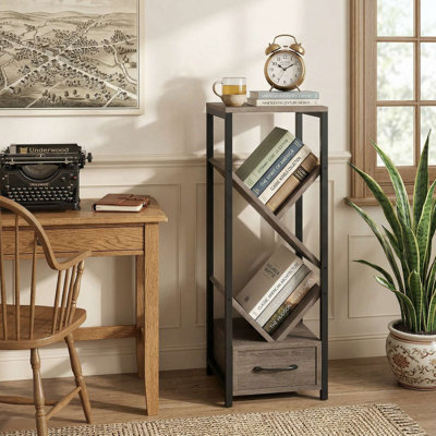 4-Tier Tree-Shaped Freestanding Floor Bookshelf, Reinforced Rust-Proof Metal Frame & Hidden Storage Drawer, Fits Living Room, Study, Bedroom
