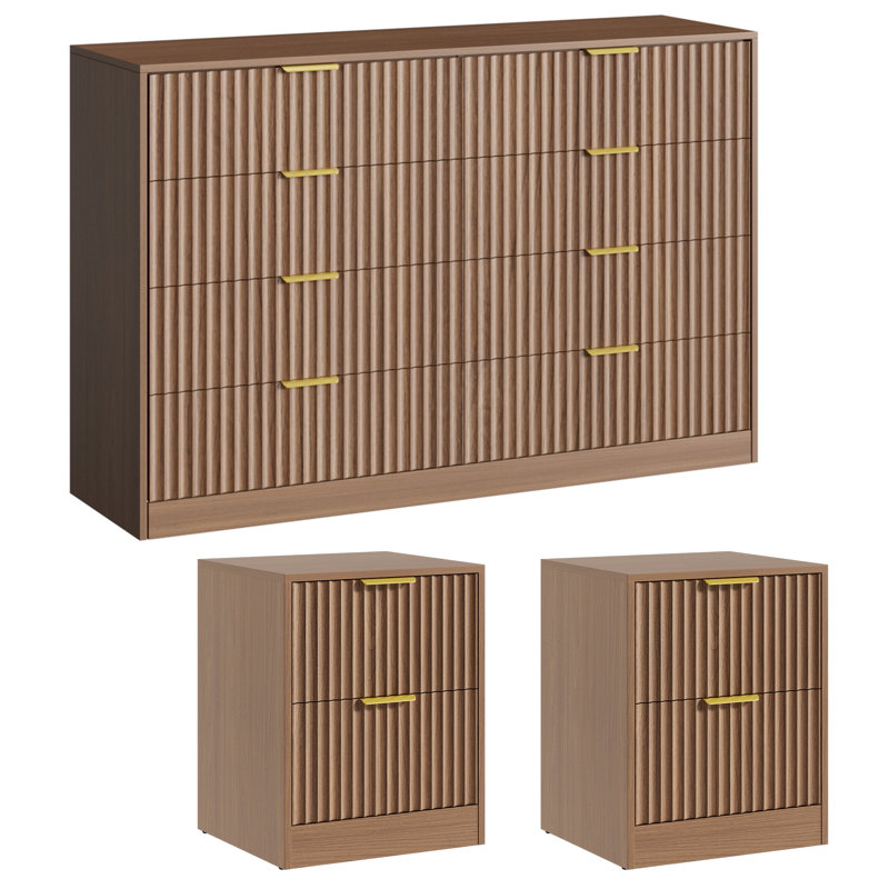 Ensemble 3 pièces commode 8 tiroirs et table de chevet 2 tiroirs, Brun