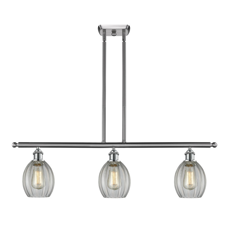 Luminaire suspendu linéaire à 3 lumières pour îlot de cuisine Bolduc, Nickel satiné brossé, Transparent, Ampoule non incluse