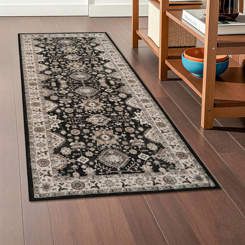 Washable Hallway Rug: Non Slip Rugs with Rubber Backing Soft Kitchen Rug Farmhouse Distressed Carpet Runner for Living Room Bedroom Bathroom (Black)
