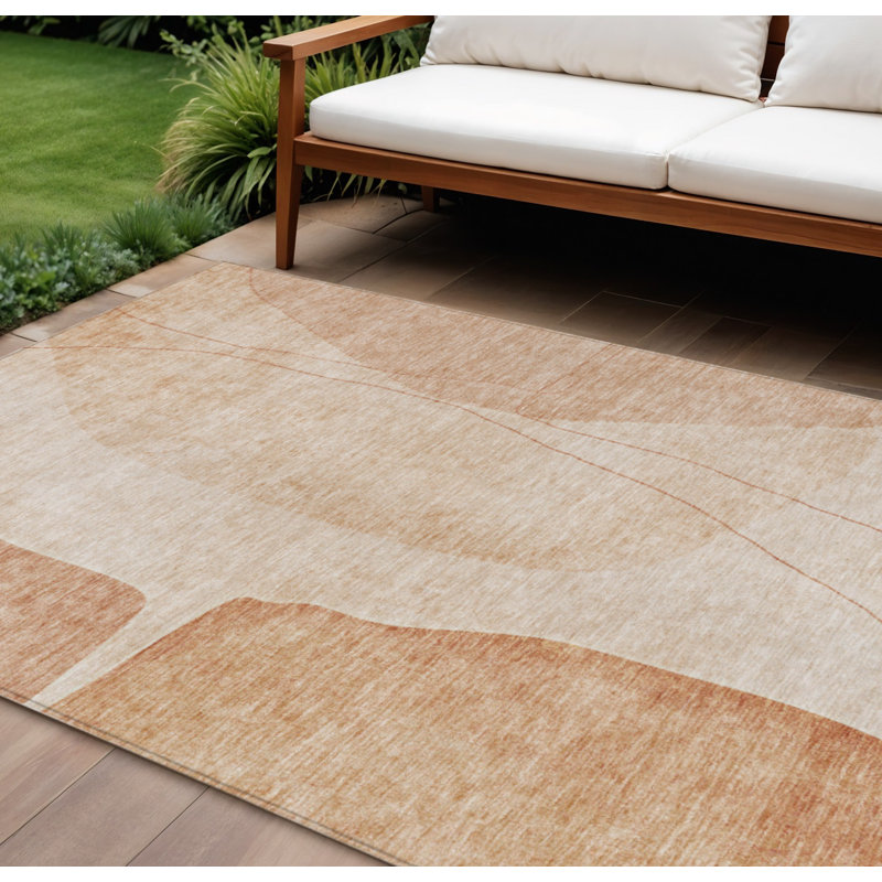 Tapis extérieur lavable abstrait 10 pi x 14 pi en terre cuite orange et cuivre