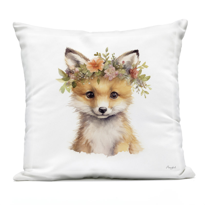 Coussin d'extérieur Woodland Fox Flower Crown, imprimé par Roozbeh, 18 x 7 x 18, Renard orange