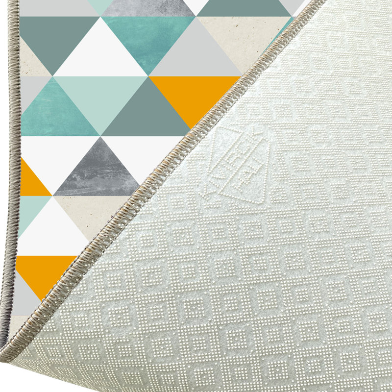 Tapis vert / gris / jaune en polyester tissé à la machine Chicoine, Rectangle 3 pi 3 po x 6 pi 7 po