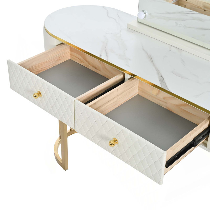 Luxury Makeup Vanity Desk With 3-Color LED Mirror & Stool, Adjustable Length Vanity Table With Movable Side Cabinet, 6 Drawers Storage, Marble-Look Sticker Top, PU Leather Drawers