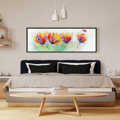 Quatre fleurs colorées - cadre jaune | Décoration intérieure