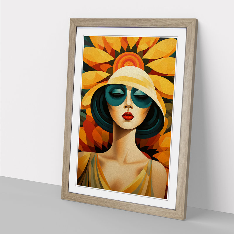 Sunflower Art Deco - Framed Print, Oak, 34cm H x 25cm W x 2cm D