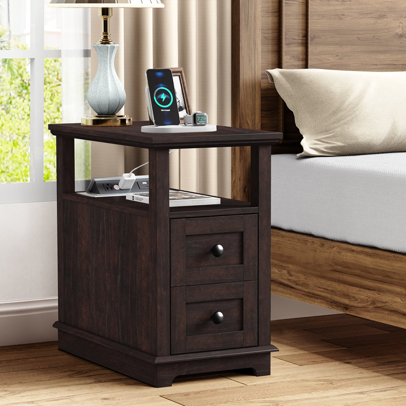 2 Drawers Bedroom Nightstands with Storage and Fast Charging Station, Brown, Individual