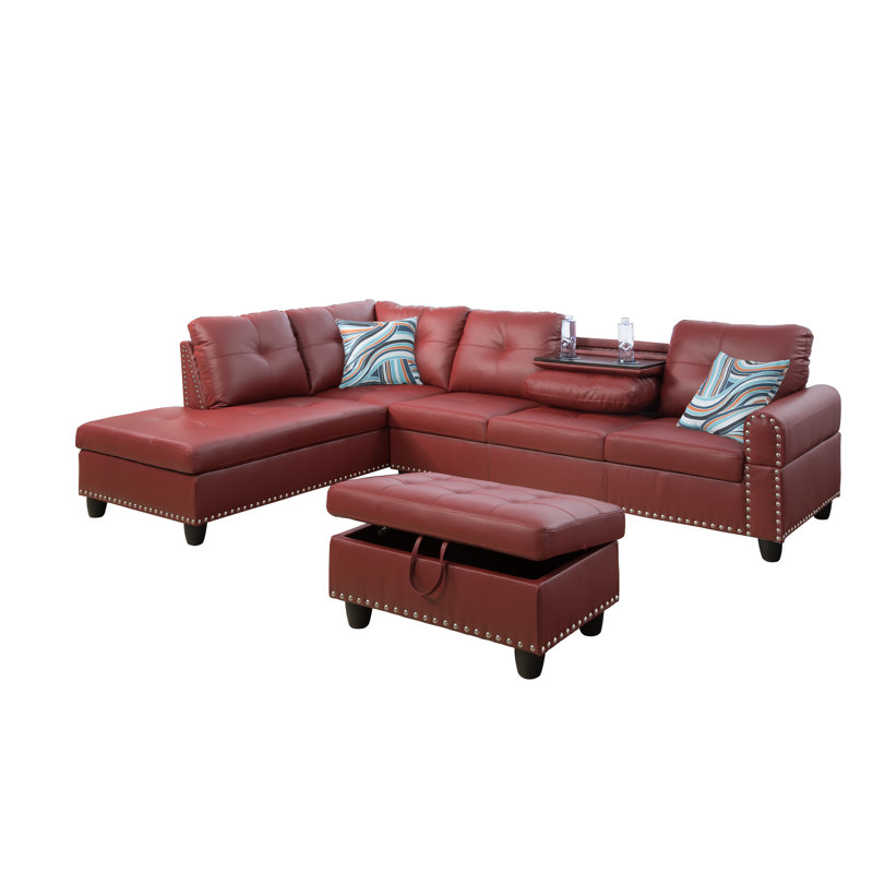 Scherer Faux Leather L-Shaped Sectional Left Hand Facing, LipStick Red Faux Leather