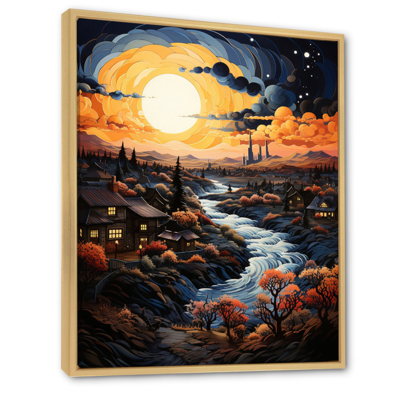 «Van Gogh», reproduction d'art sur toile, «Vangogh Village At Sunset I», H 32 po x l 16 po x P 1 po, Cadre flottant érable