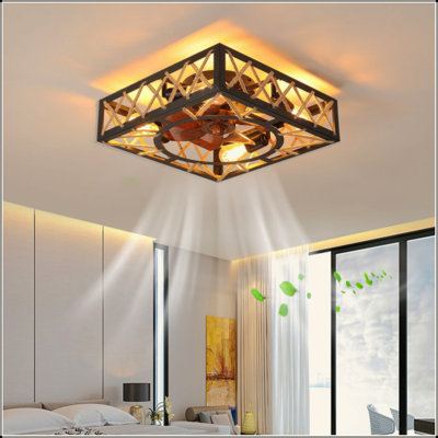 Farmhouse Rustic Ceiling Fan And Remote Control,Square Caged Industrial Ceiling Fixture With 6 Speeds & Noiseless DC Motor For Kitchen Dining Room Living Room Bedroom
