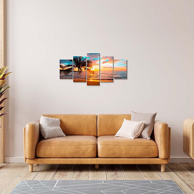 «Abstract Beach», art mural sur toile, ensemble de 5 pièces, coucher de soleil sur un paysage océanique, décor de plage inspiré de la nature