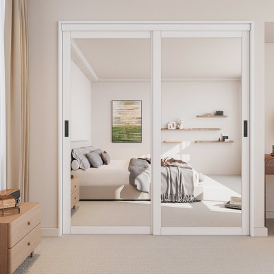 48"x80" Mirror Sliding Closet Doors Forested With Silent Sliding Rollers, Contemporary Design For Walk-In Closets And Nursery Rooms