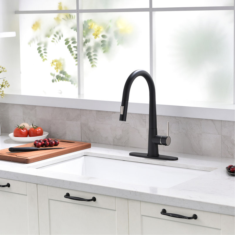 Robinet de cuisine escamotable, noir, poignée simple, plaque de pont, style contemporain, robinet en céramique, robinet en laiton pour fabrication moderne