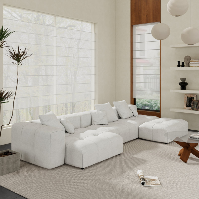 Kay Crumley 4-Piece Upholstered Modern Linen Fabric Sectional Sofa With Ottoman, White