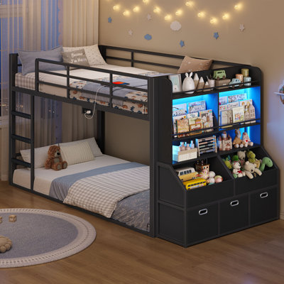 Low Twin Over Twin Size Bunk Bed With Bookshelf & Storage Drawers, Metal Floor Bunk Bed With Rgb Lights & Charging Station, Guardrail & Ladder, Small Space