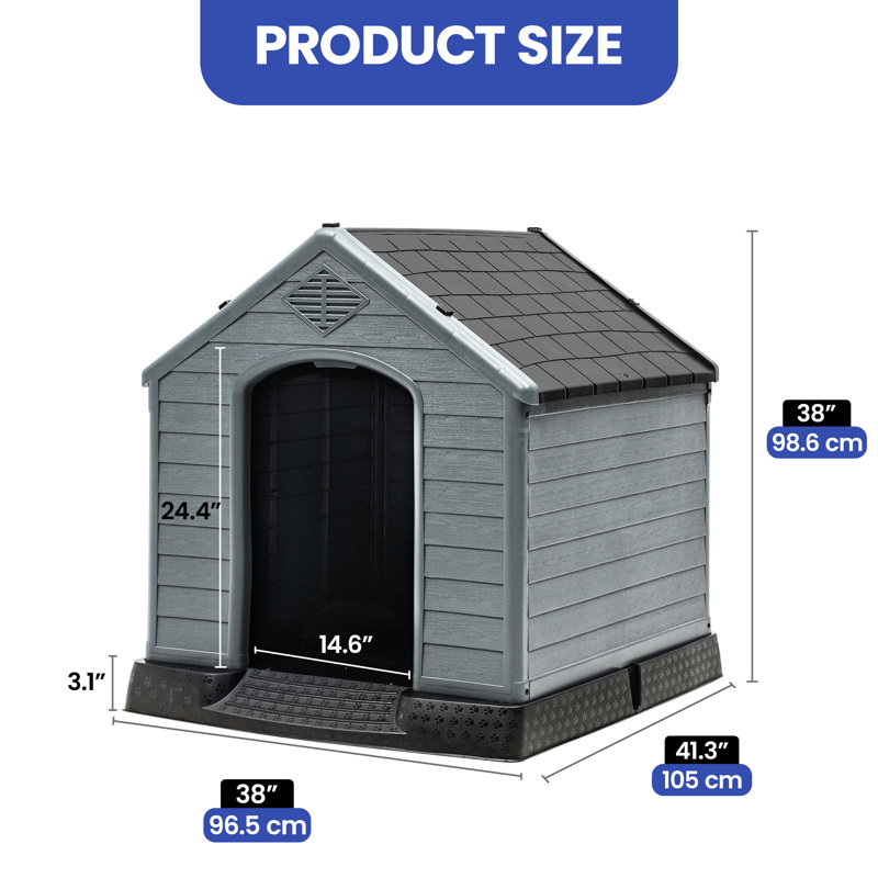 Niche pour chien en plastique avec évents et conception surélevée, Grey/Black, H 38 po x l 38 po x P 41,3 po