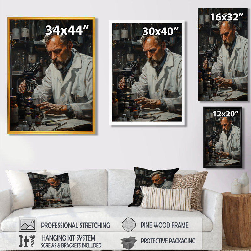 «White», noir et blanc, laboratoire scientifique microscopique, art mural, Cadre flottant brun, H 16 po x l 32 po