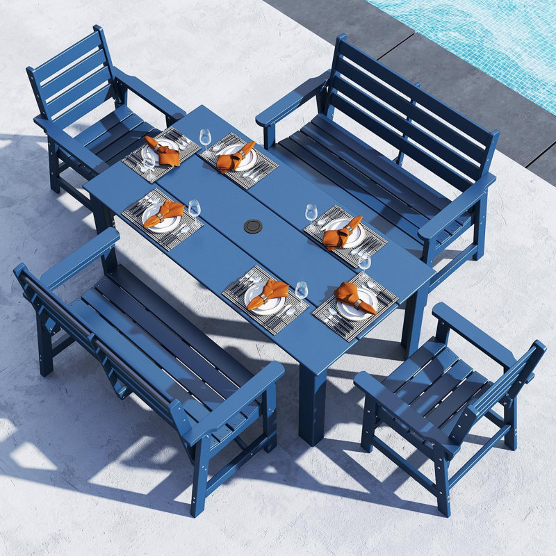 HDPE Outdoor-Dining-Table-Set, Blue, 5 Pieces: Table, 2 Chairs, 2 Benches