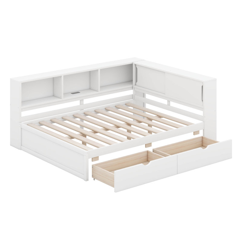 Queen Size Corner Bed With Storage Drawers, Bookcase, L Shaped Daybed With LED Lights & USB Ports, Wood Day Bed Frame With Bookcase Headboard