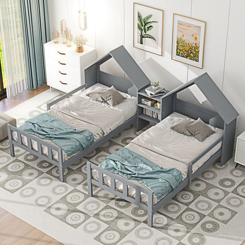 Lit plateforme double avec tête de lit en forme de maison et table de chevet intégrée, Gris