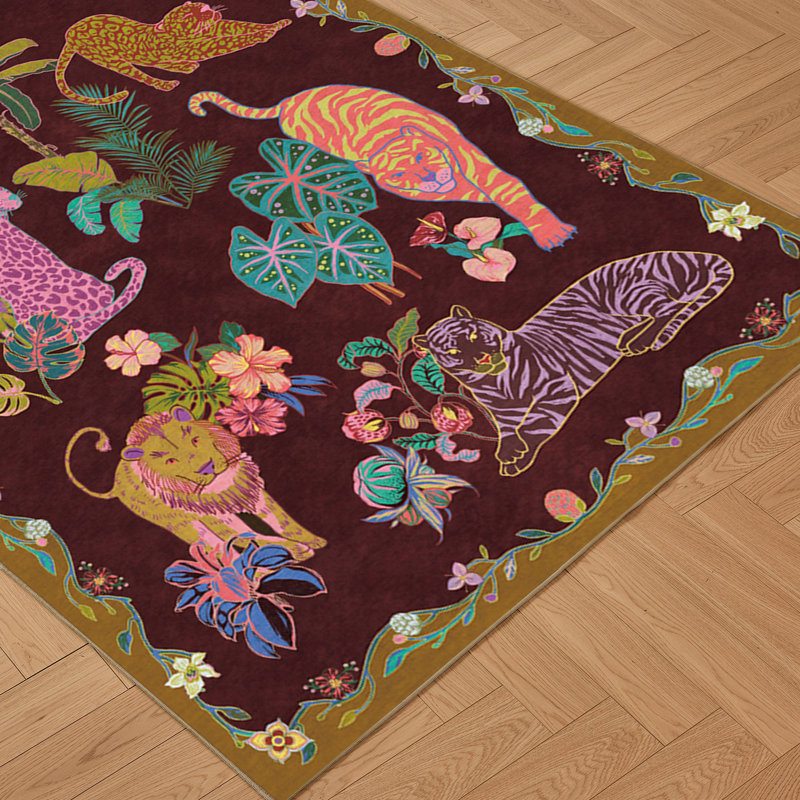 Oriental Animal Print with Tropical Botanical Floral Machine Washable Area Rug, Rectangle 6' x 9'