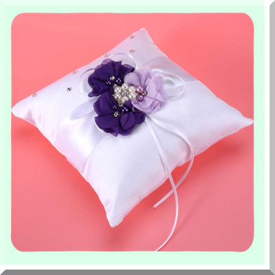 Elegant Wedding Ring Pillow with Pearl Flower and Ribbon