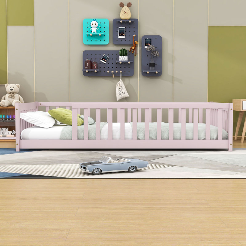 Twin Size Floor Bed With Fence, Pink