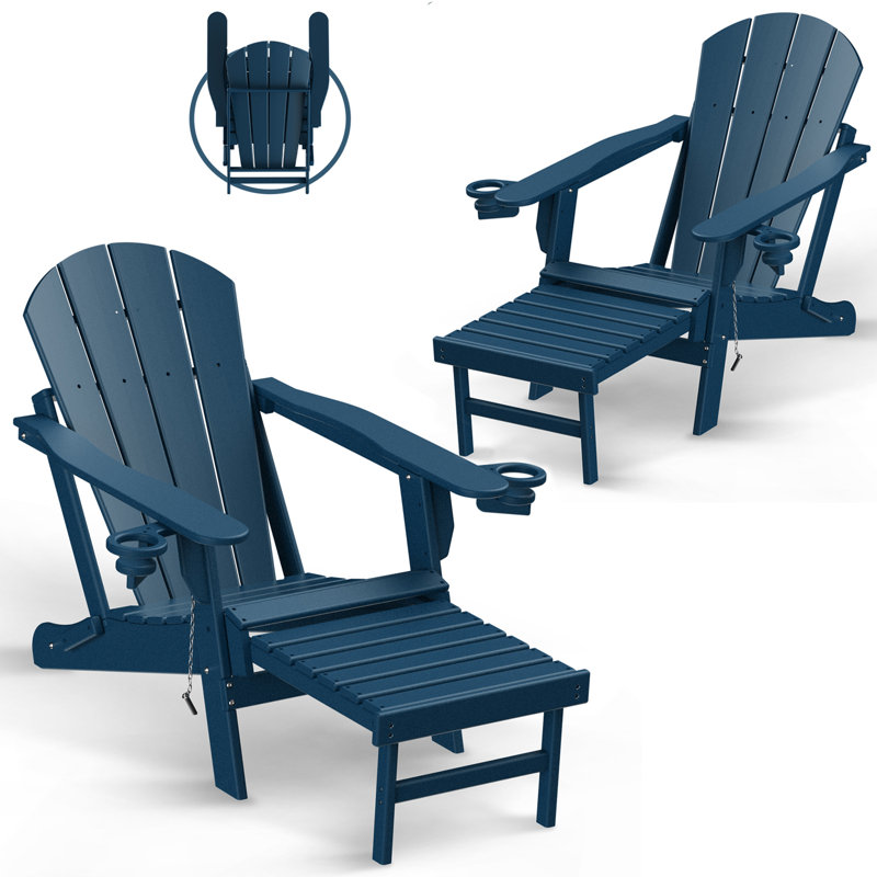 Ensemble de 2 chaises Adirondack pliantes avec repose-pieds et repose-gobelets, Bleu