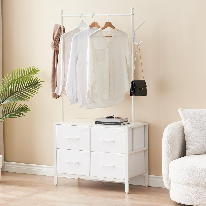 Clothes Rack with 4 Drawers, Storage Organizer with Metal Frame and Wooden Top, Industrial Garment Rack with Hanging Rod & 2 Side Hooks, Adjustable Wardrobe Storage Closet for Bedroom, Hallway