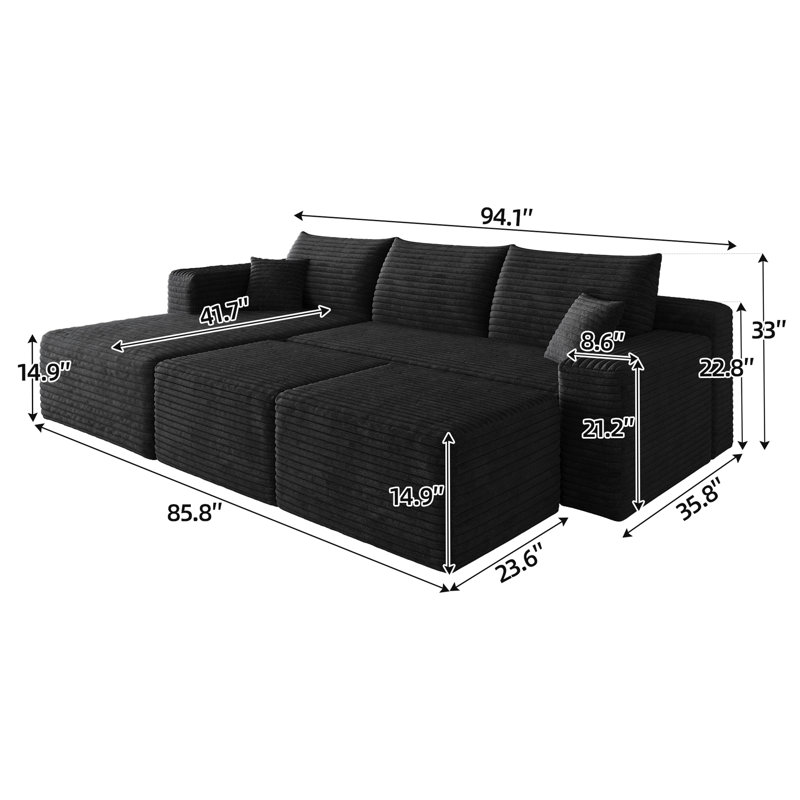 Canapé modulaire 95 po avec 2 repose-pieds Cloud, coussins rembourrés minimalistes modernes, canapé en U confortable pour le salon, canapé d'angle à assise profonde, aucun assemblage requis, noir (tissu en velours côtelé moelleux)